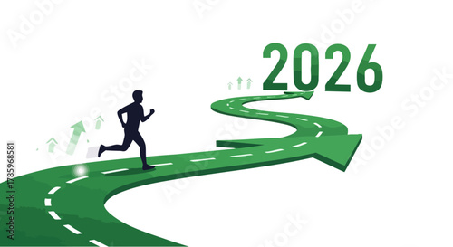 Man running on a green road towards the year 2026, achieving goals.
