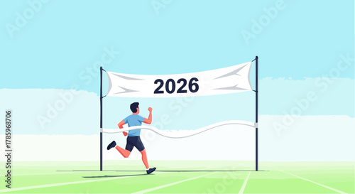 Athlete sprinting towards the finish line banner with the year 2026.