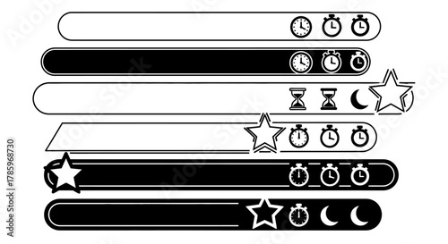 Set of monochrome progress bar user interface elements.