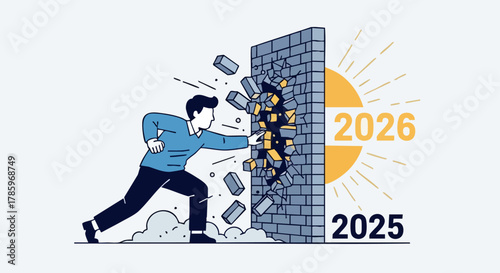 Man breaking through wall to reach the future, concept of progress and achievement.
