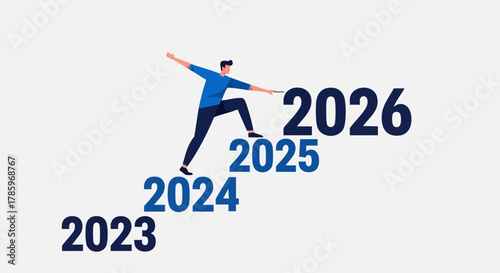 Man climbing the stairs of years, reaching for the future, achieving goals and success.