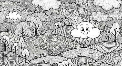 Smiling Sun Cloud Over Rolling Hills and Trees.
