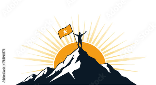 Man on mountain peak with flag achieving success and victory.