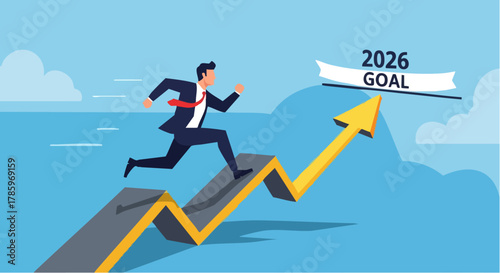 Businessman running towards the 2026 goal, achieving success and reaching targets.