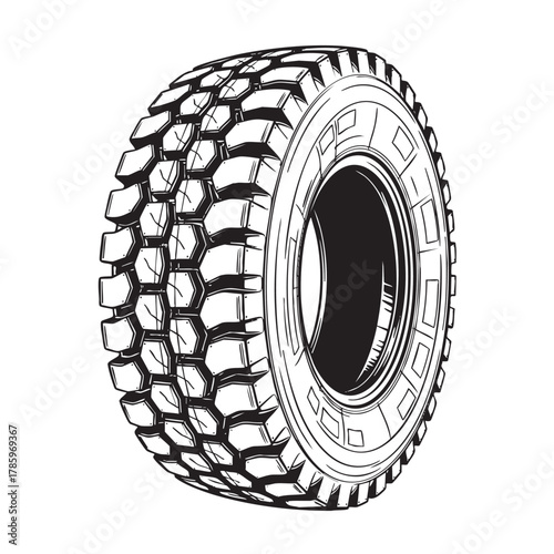 Black and white line art illustration of a heavy duty off road tire with deep tread wheel truck