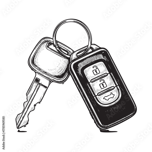 Black and white sketch of a car key fob with unlock lock and trunk buttons and a metal key vector