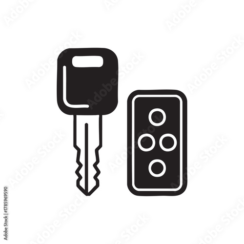 Black car key and remote control with four circular buttons on white background car remote