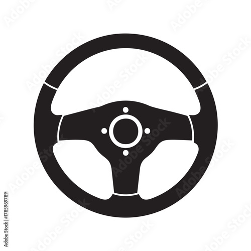 Black racing steering wheel icon with white accents on a white background automobile vehicle
