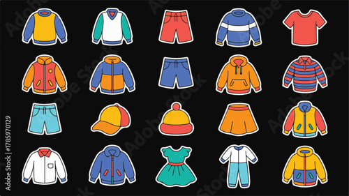 Assortment of Colorful Children's Clothing Items on Black apparel kids