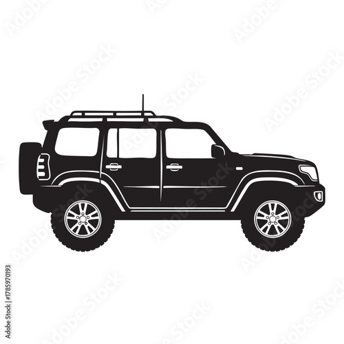 Black silhouette of a four door off road sport utility vehicle with roof rack and spare tire