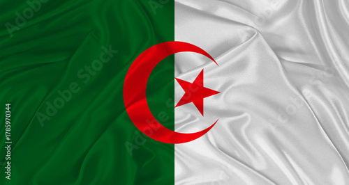 Flag of Algeria with cloth texture Close up of Algeria flag waving
