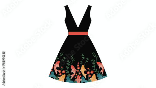 Black sleeveless dress with coral belt and floral koi fish hemline on white background fashion