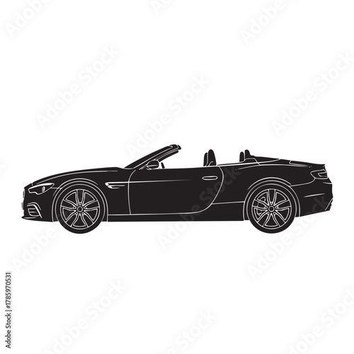 Black silhouette of a modern convertible sports car with white outline details on a white background