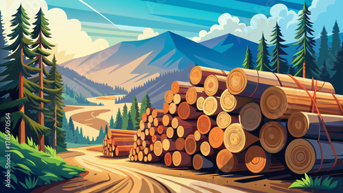 Very beautiful view of stacked cut logs piled high in the Chippewa National Forest, northern Minnesota, USA, ready for transport to a pulp paper mill, featuring detailed wood textures, forest surround