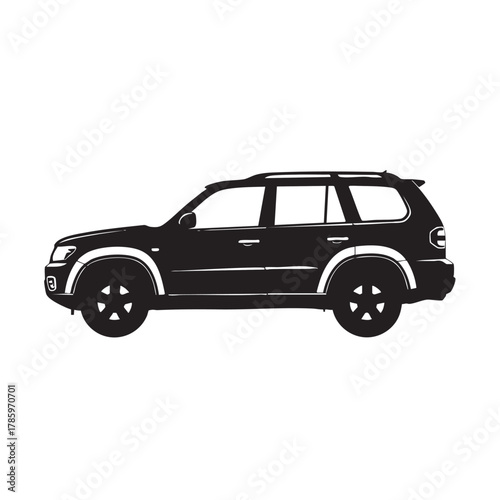 Black silhouette of a modern S U V with roof rails and five spoke wheels on a white background
