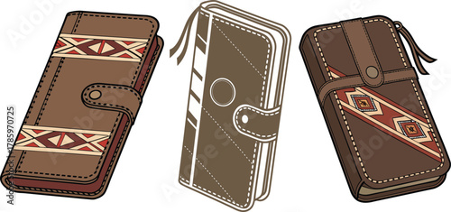 Three decorative leather pouches with geometric patterns