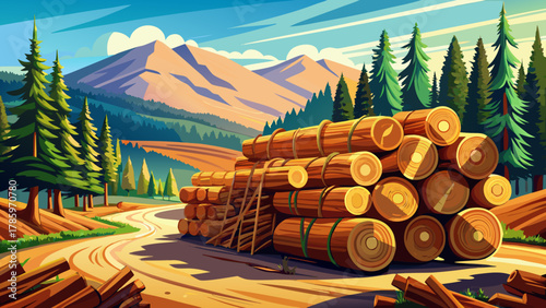 Very beautiful view of stacked cut logs piled high in the Chippewa National Forest, northern Minnesota, USA, ready for transport to a pulp paper mill, featuring detailed wood textures, forest surround