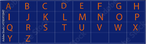 Alphabet chart with letters a through z arranged in a grid on a dark blue background, displaying a complete set of english alphabet characters in a distinct orange textured font.