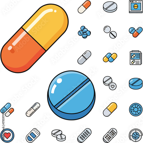 Collection of various pharmaceutical pills capsules and medical icons representing health and treatment options