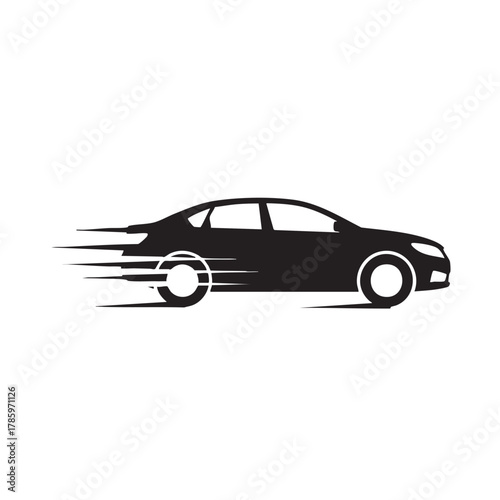 Black silhouette of a sedan car with motion blur effect on wheels and body white background