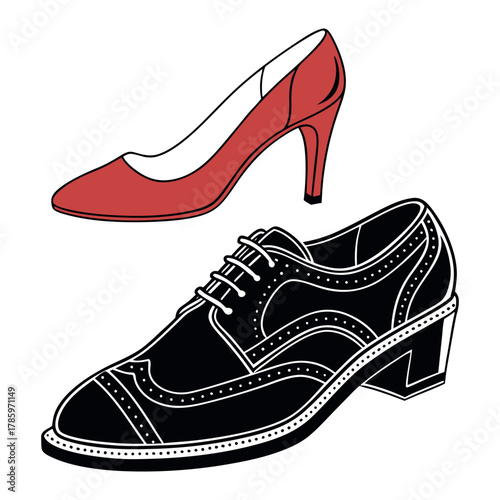 Classic red pump and black brogue shoe illustration