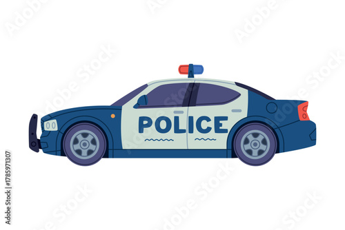 Car with Siren as Police Equipment and Professional Policeman Object Vector Illustration