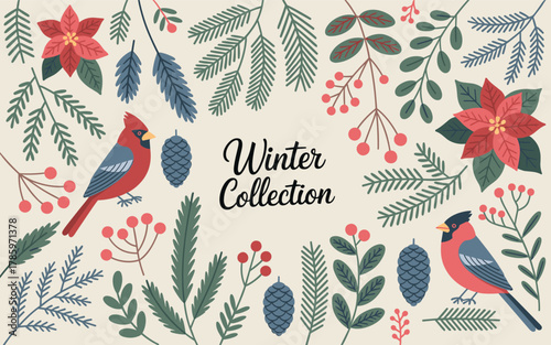 Red cardinal and bullfinch with winter foliage and berries