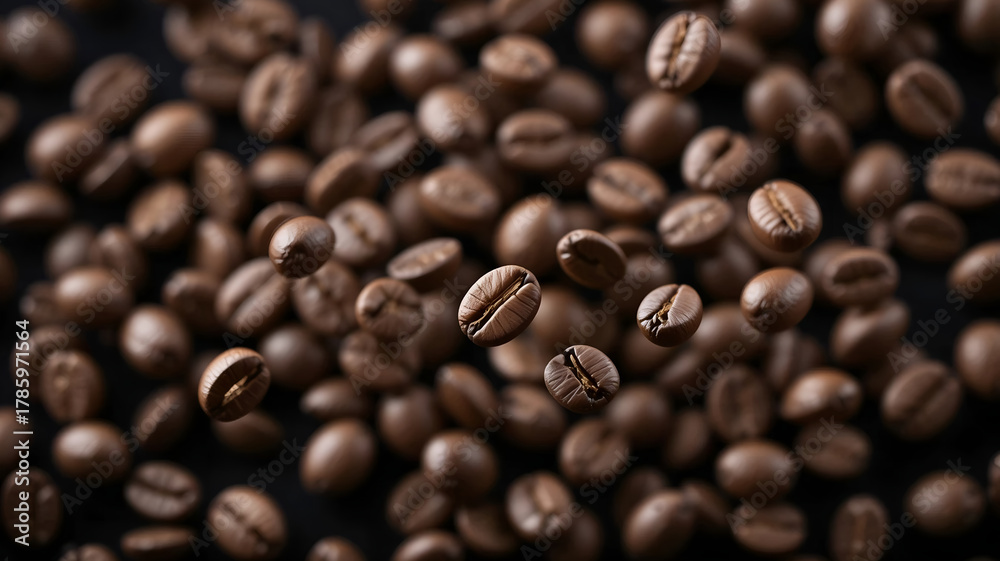 Obraz premium Wide Shot of Premium Roasted Coffee Beans Floating and Scattered on Dark Background for Beverage Advertising and Product Mockups