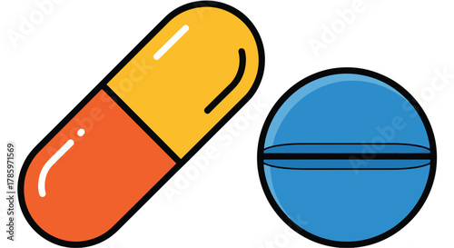 Illustration of a two medicine pills capsule and round tablet in different colors, isolated on white background, medical concept