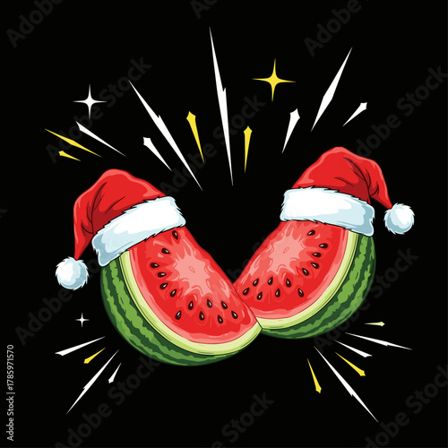 Christmas Watermelon Halves with Santa Hats and Holiday Sparks