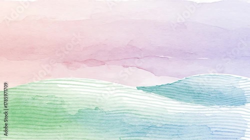A dreamy watercolor landscape featuring pastel hues of pink, purple, blue, and green