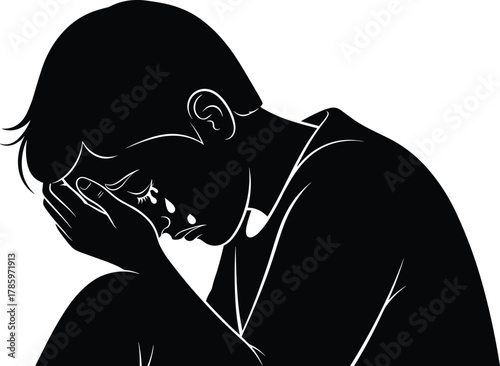 Sad silhouette, emotional pain, mental health concept, crying figure, depression illustration, loneliness, stress, grief, sorrow, expressive posture, despair
