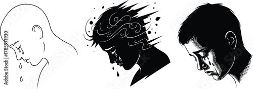 Sadness, grief, emotional pain, crying face illustration, tearful silhouette, sorrowful expression, mental health, depression, abstract sadness, emotional breakdown, despair
