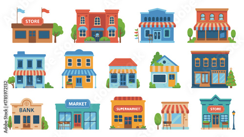 Diverse Collection of Flat Design Storefronts and Buildings shop market