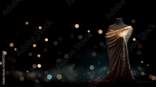 Elegant gold sequin evening gown on mannequin against dark background with bokeh lights, perfect for luxury fashion advertising.