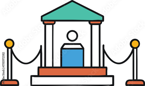 Stylized illustration of a museum or gallery entrance with a ticket booth and stanchions isolated on transparent background