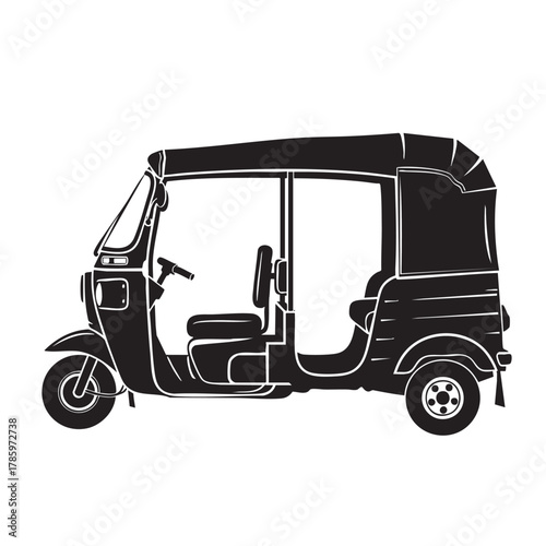 Black silhouette of a three-wheeled auto rickshaw with a canopy and seats three wheeler transportation