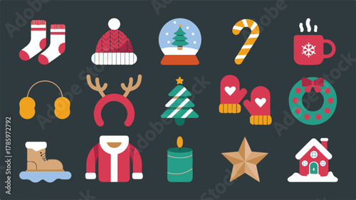 Festive Christmas Icons and Symbols on a Dark Background holiday winter