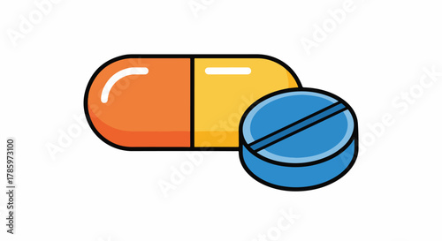 Orange and Yellow Capsule Pill Alongside a Blue Pill with a Line Illustration Isolated on White Background