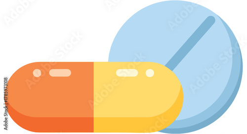 Orange and Yellow Capsule alongside a Blue Round Pill with a Line on a White Background, Medical Concept