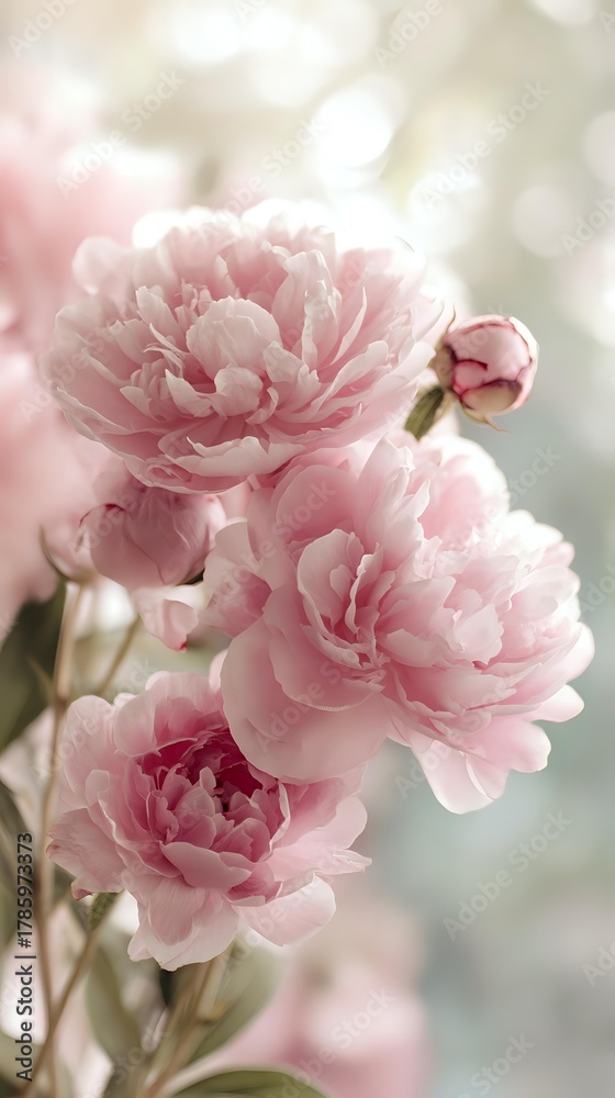 Fototapeta premium Delicate pink peonies in bloom with soft bokeh background, creating romantic atmosphere for wedding invitations and floral designs.