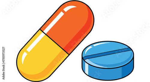 Orange and Yellow Capsule Pill and Blue Round Tablet with Line Isolated on White Background Vector Illustration