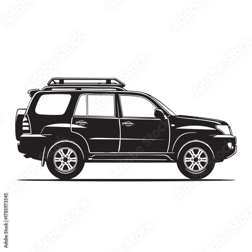 Black silhouette of an S U V with a roof rack and spare tire on a white background vehicle