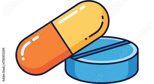 Orange and Yellow Capsule Pill alongside a Blue Round Tablet with a Line Dividing it Medical Icons