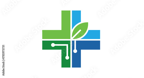 Digital Healthcare Cross Symbol with Leaf for Medical Technology.