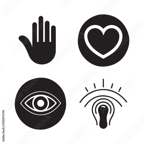 Human Body Senses and Hand Gestures Icons, Touch, Sight, Hearing Vector black colour vector design and white background (3).eps