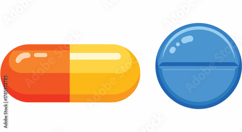 Orange and Yellow Capsule Pill Next to a Blue Round Tablet Pill with a Dividing Line, Medical Healthcare Concept
