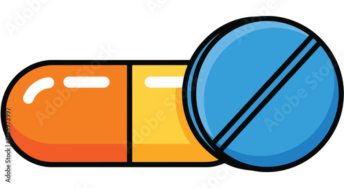 Orange and Yellow Capsule Pill Next to Blue Round Tablet with Black Line Dividing It, Health Care Concept