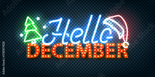 Vector neon sign of Hello December isolated on the transparent background.