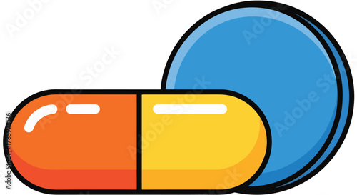 Orange and Yellow Capsule Pill with Blue Round Tablet, Medical Healthcare Concept, Isolated on White Background